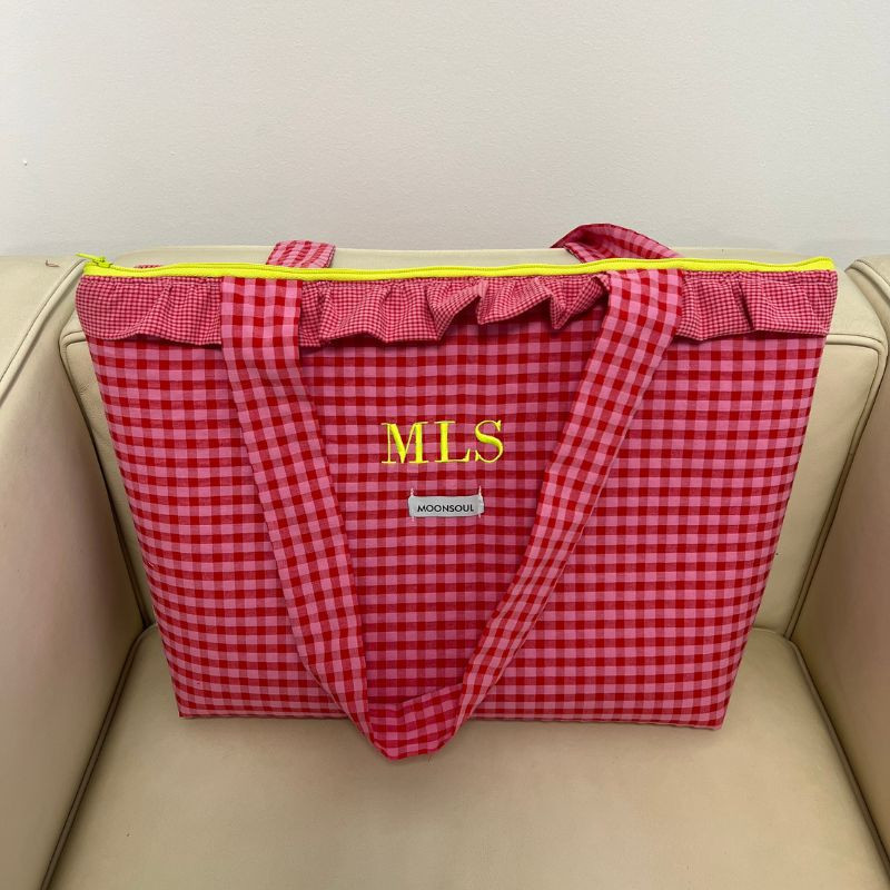 Bolso shopper Ana con volante vichy y cremallera amarillo flúor