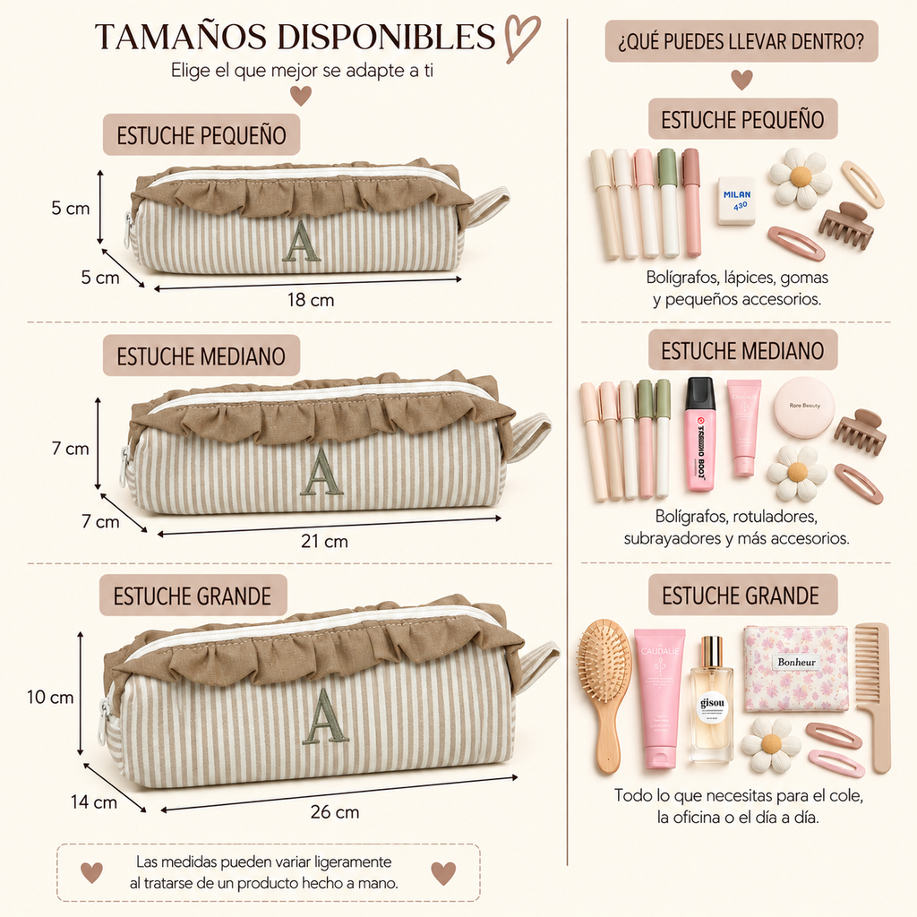 Estuche rayas finas beige con volante