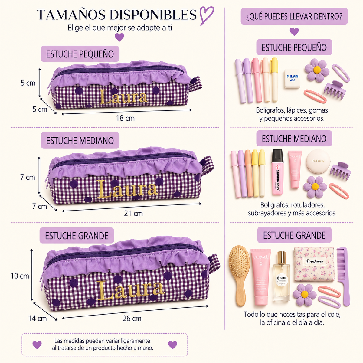 Estuche vichy + lunares morado con volantes