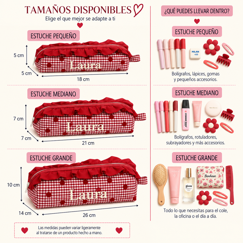 Estuche vichy + lunares rojo con volantes