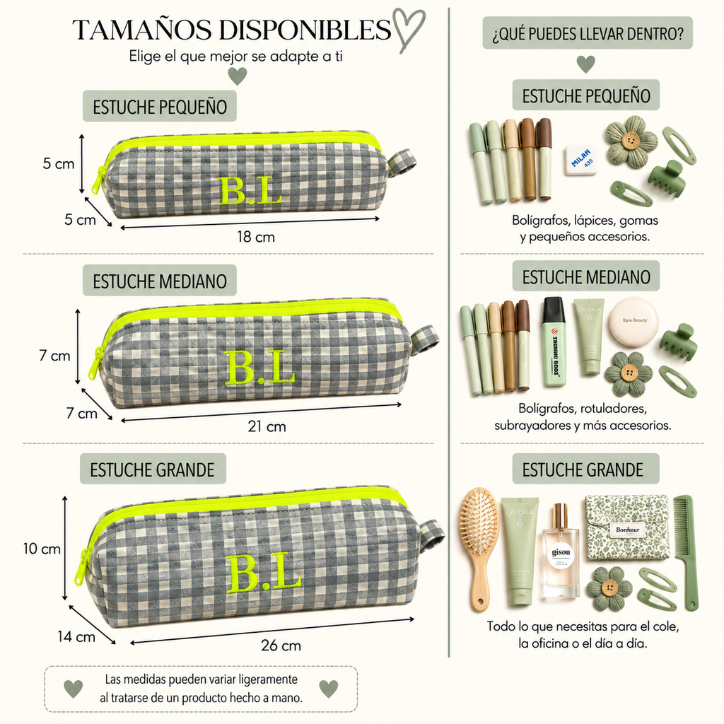 Estuche vichy gris mediano con cremallera amarillo flúor