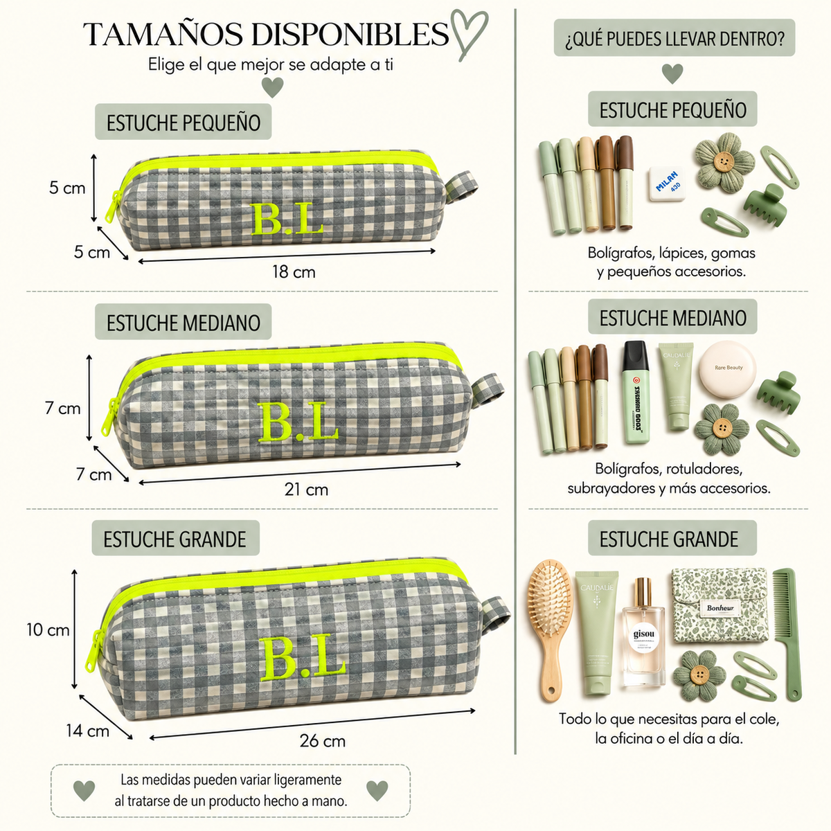 Estuche vichy gris mediano con cremallera amarillo flúor