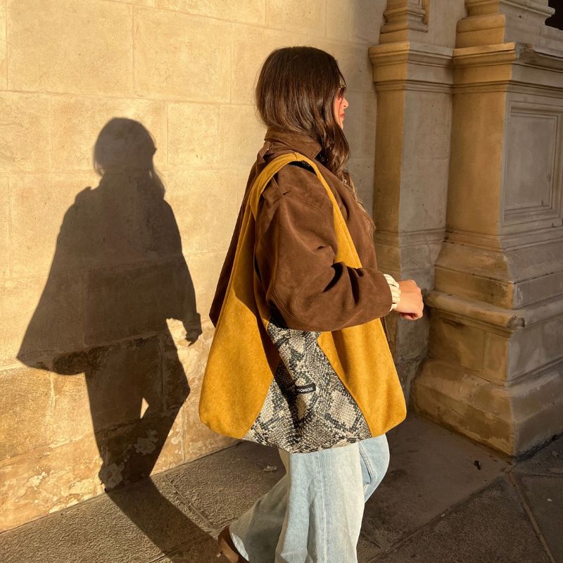 Bolso combinado serpiente mostaza