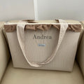 Bolso shopper rayas finas beige con volante