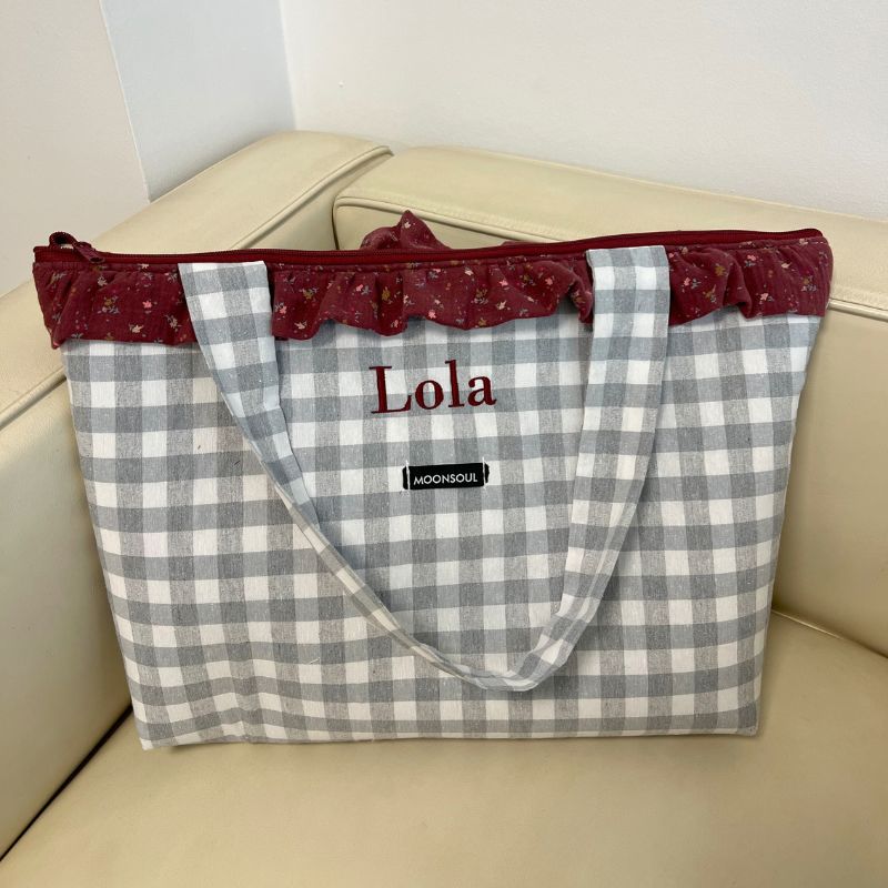 Bolso shopper vichy grande gris con volante velvet